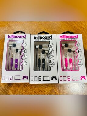 Billboard Stereo In-Ear Earbuds - 3 pair Black, Purple and Pink New